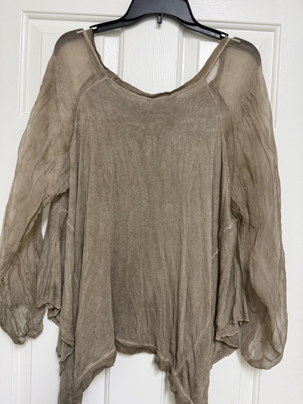 Italian top... Long-Sleeve Draped Blouse in Taupe